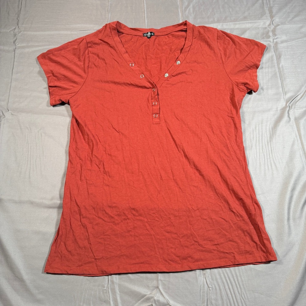 Splash Womens 2X Burnt Orange Henley Short Sleeve V-Neck Snap Button Tee Shirt